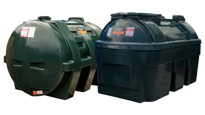 Welcome to Oil Tank Pro - The Heating Oil Tank Buyers' Guide Photograph of Carbery Plastics' Single Skin and Bunded Horizontal heating oil tanks, against a white background.