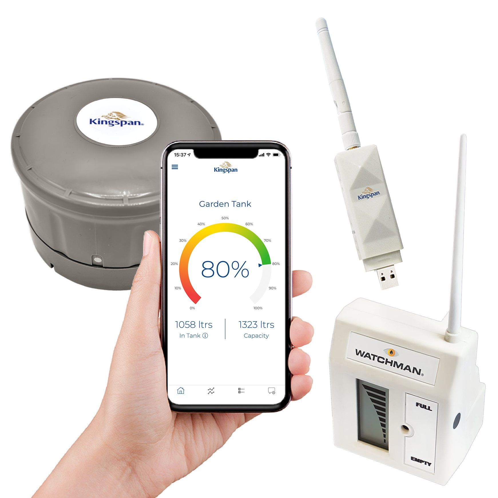 Watchman Sonic with Sensit USB functionality allows you to take your oil level with you wherever you go Photograph of a hand holding a phone displaying an app, with Watchman oil monitor displayed, against a white background.