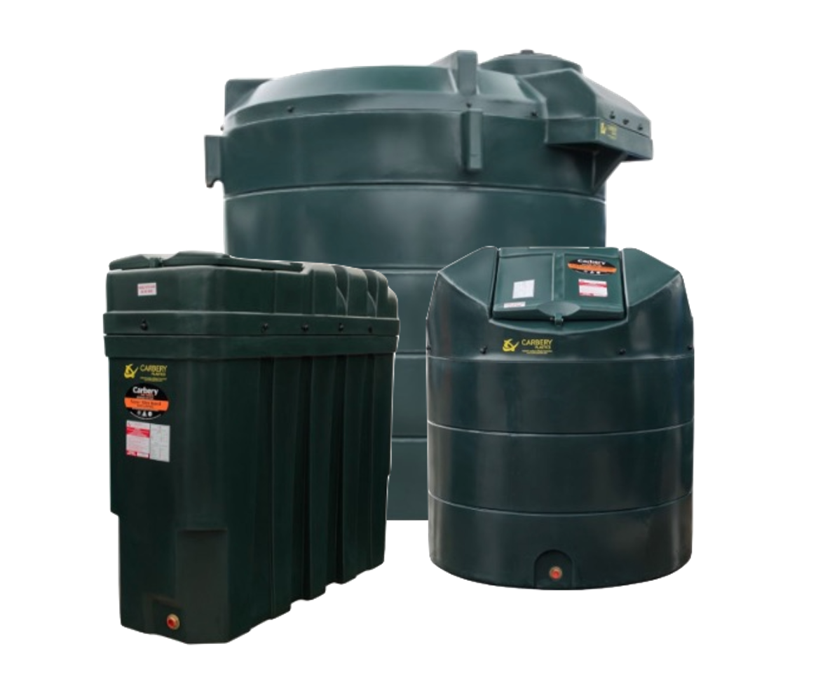 Photograph of Carbery Vertical and Slimline bunded plastic heating oil tanks.