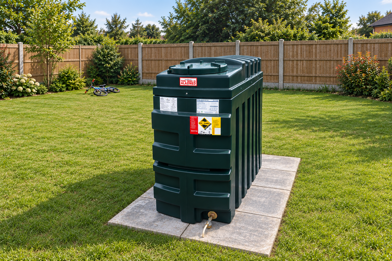 AI generated image of a Titan bunded plastic heating oil tank, installed in a residential garden.