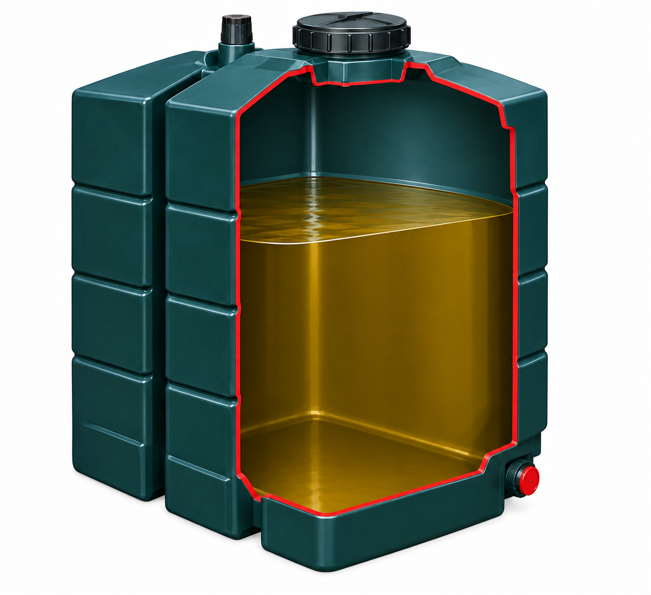 Single skin heating oil tanks are unsuitable for most heating oil installations in Great Britain and Ireland today. AI generated, cut away image of a single skin heating oil tank