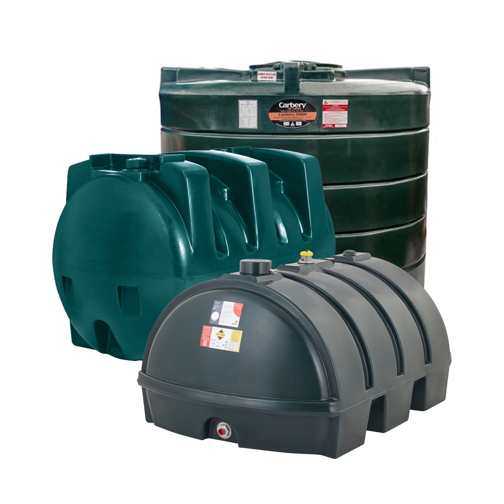 Photograph of Carbery Vertical, Kingspan Titan Horizontal, and Atlas Low Profile single skin heating oil tanks.