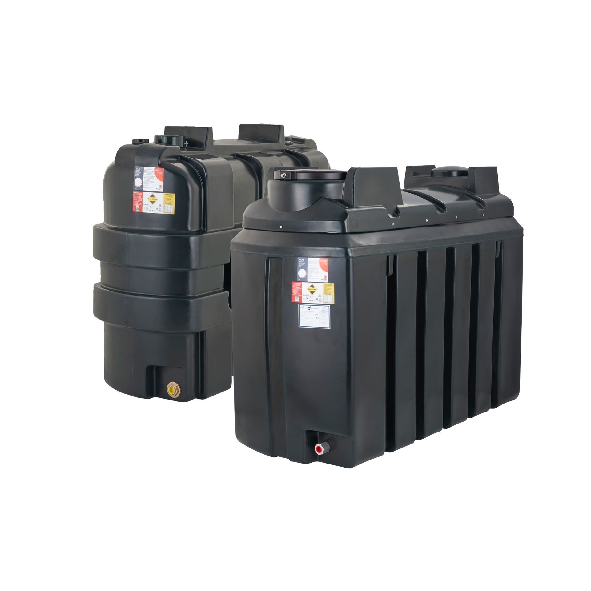 Photograph of Atlas brand Slimline single skin and bunded heating oil tanks, against a white background.