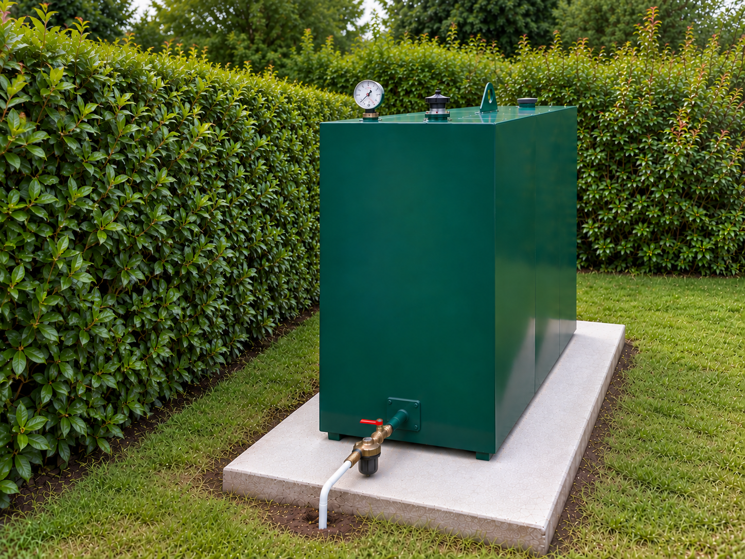 AI generated image of a steel single skin tank, installed in a domestic garden. 