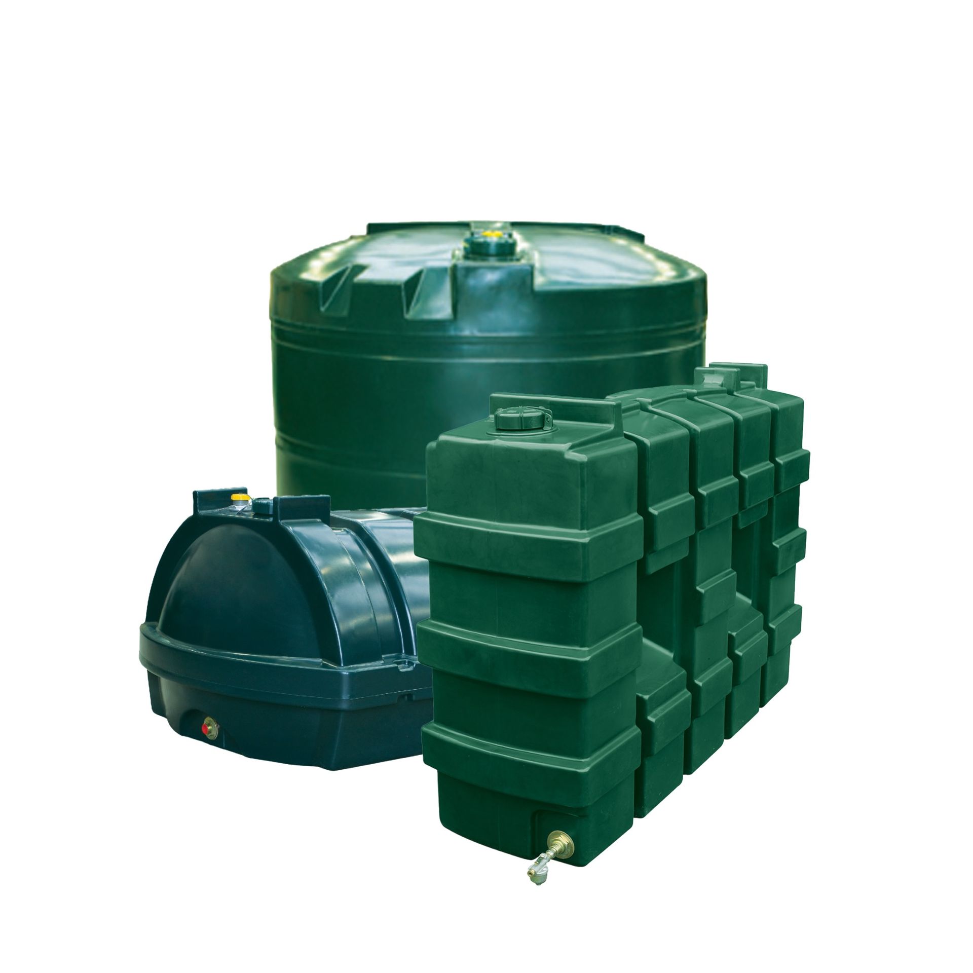 Photograph of Kingspan Titan brand Vertical, Low Profile and Rectangular Slimline single skin plastic heating oil tanks.