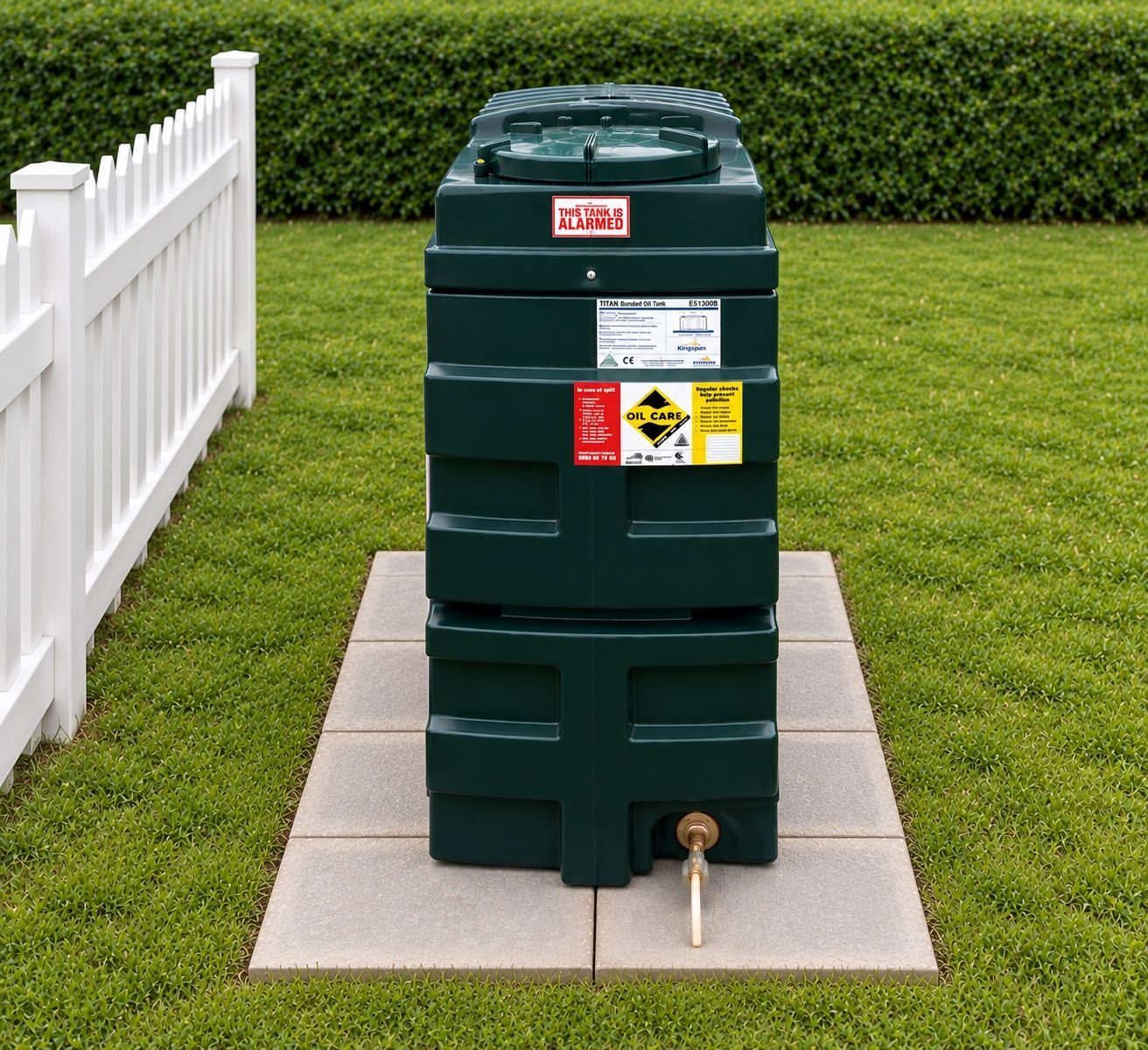 Photo of a 1,000 litres capacity Titan Superslim Bunded Heating Oil Tank installation, with foliage and a fence in the background.