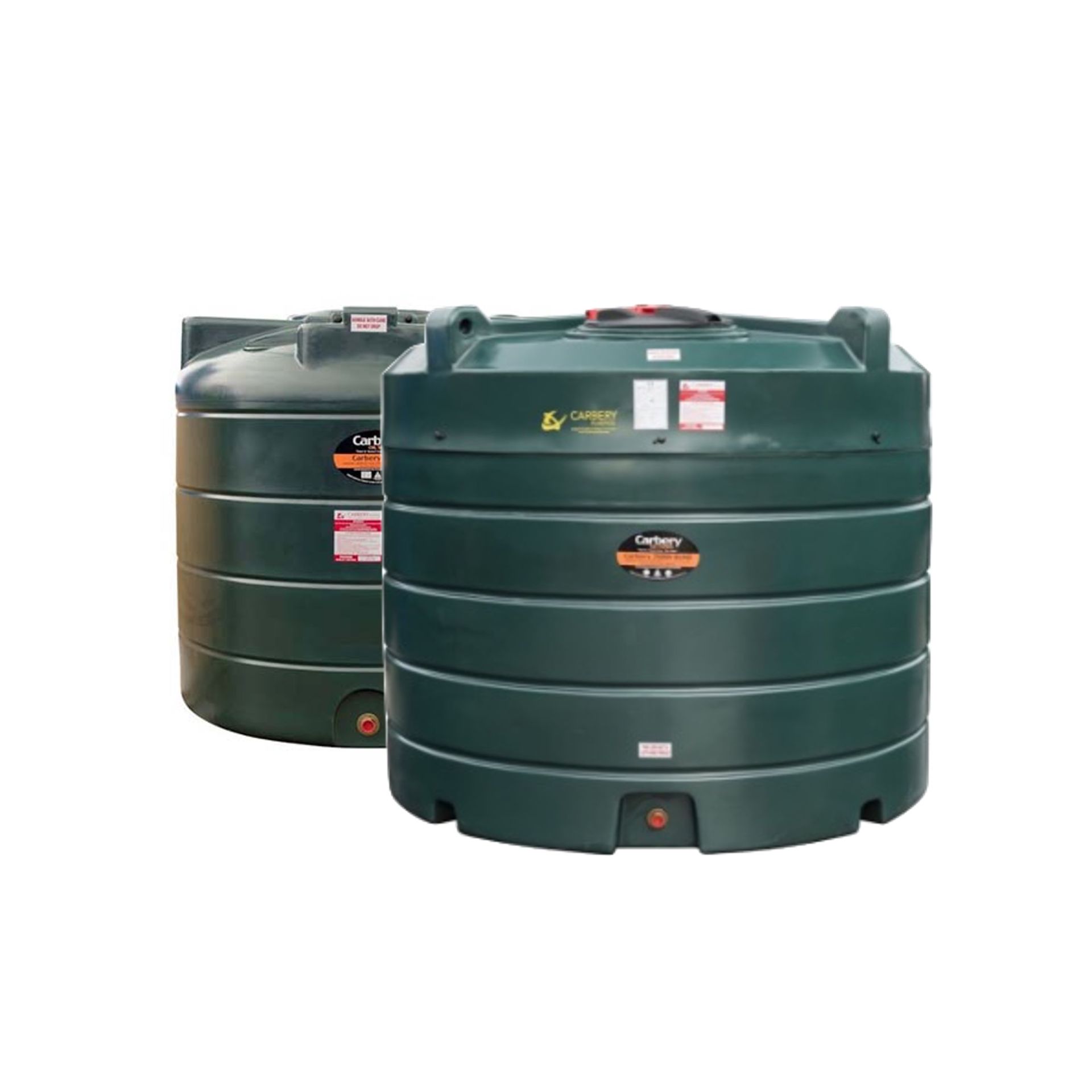 Photograph of Carbery Plastics' Vertical single skin and bunded heating oil tanks, against a white background.