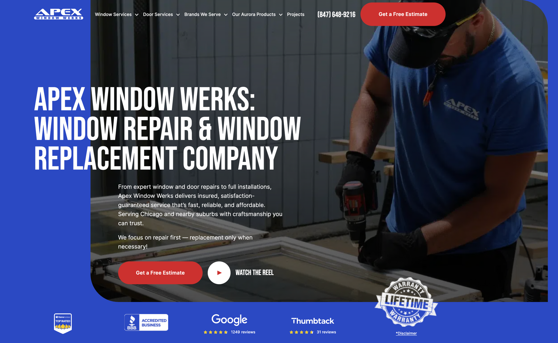 Man repairing a window frame, Apex Window Werks website homepage.