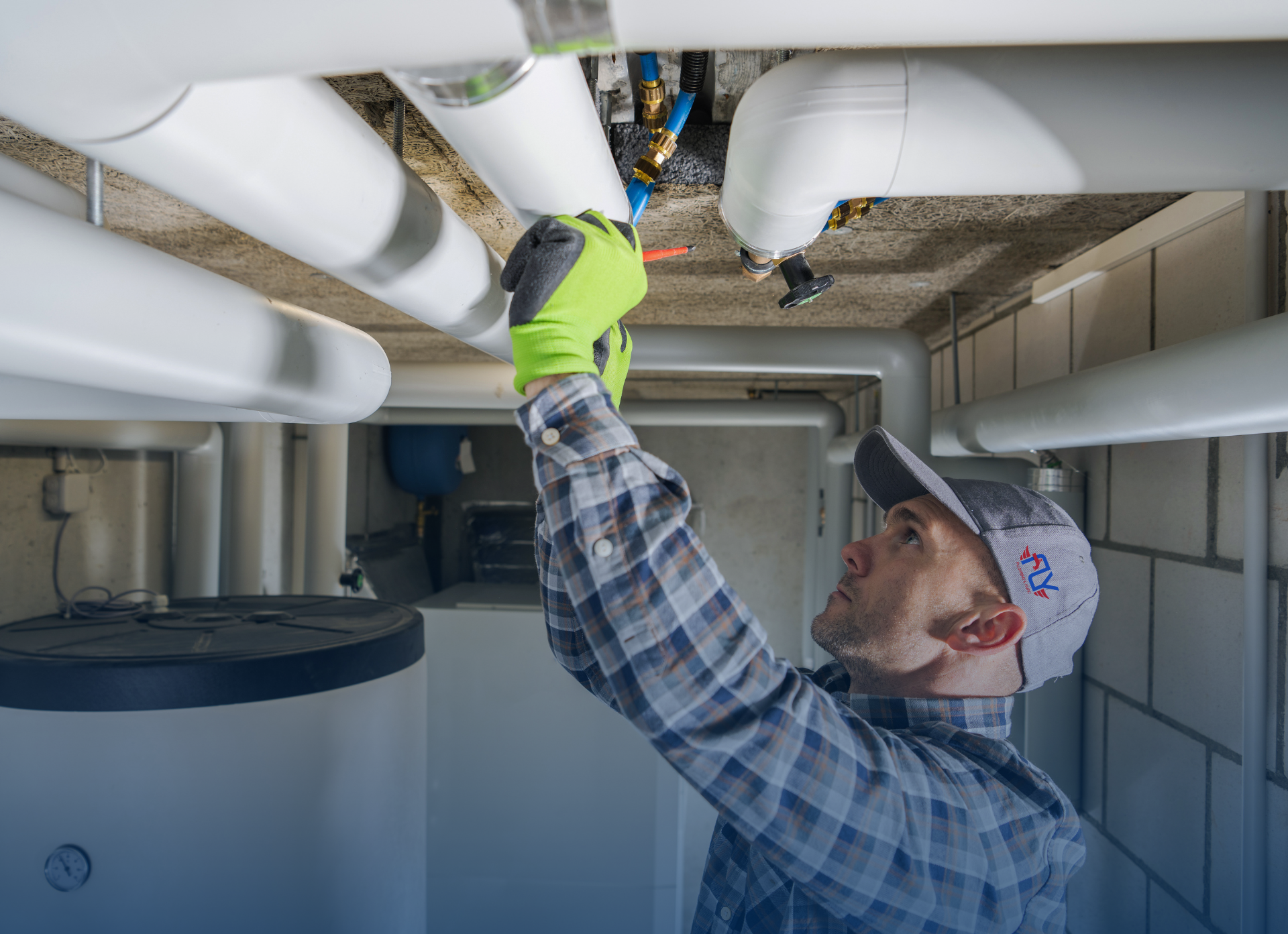 Plumber in plaid shirt and cap works on pipes overhead. He's wearing green gloves.