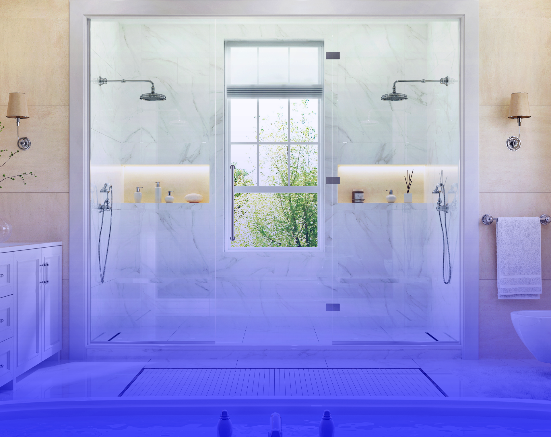 Luxurious bathroom with dual showers, window, white marble, and neutral color scheme.
