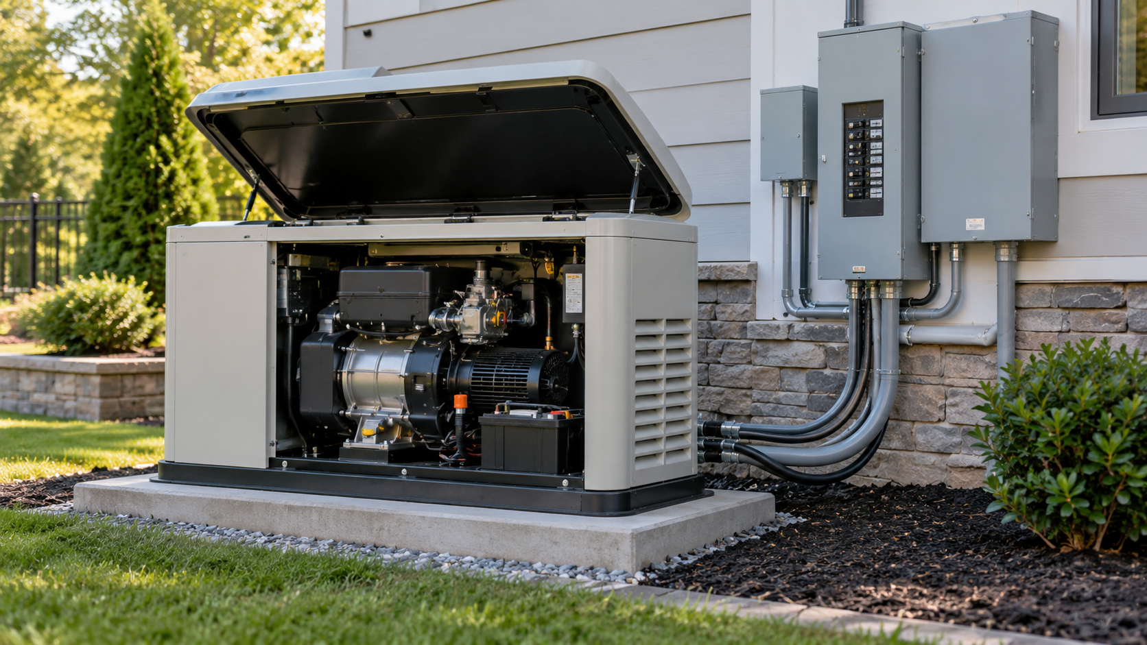 Outdoor standby generator beside a house, with open cover and visible electrical connections