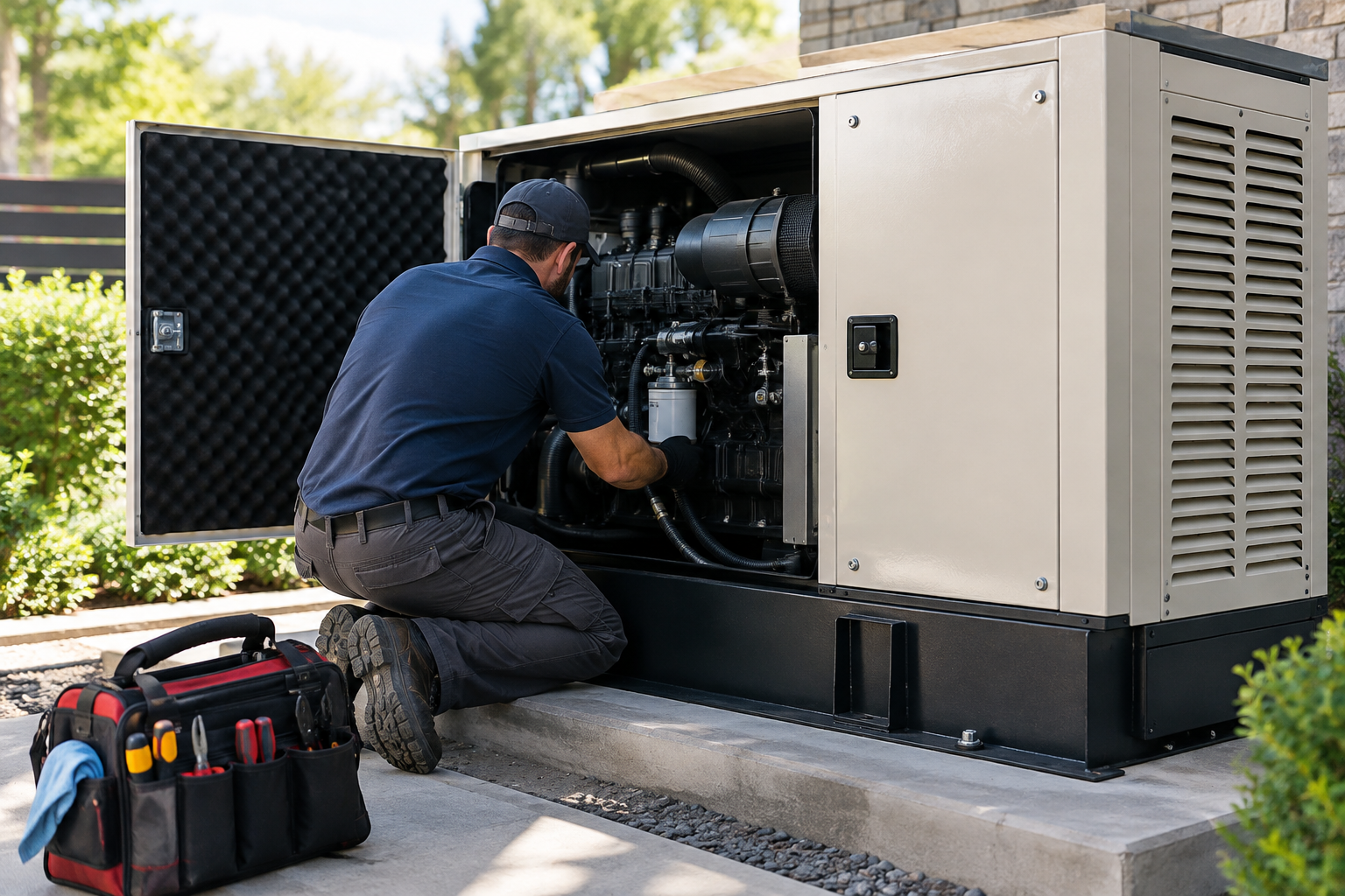 Technician kneeling beside a large outdoor generator, inspecting its open side panel with tools nearby.