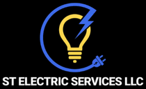 Blue and yellow light bulb logo with lightning bolt and plug icon