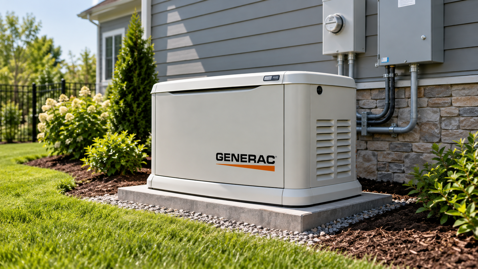 Gray Generac backup generator beside a house on a landscaped lawn