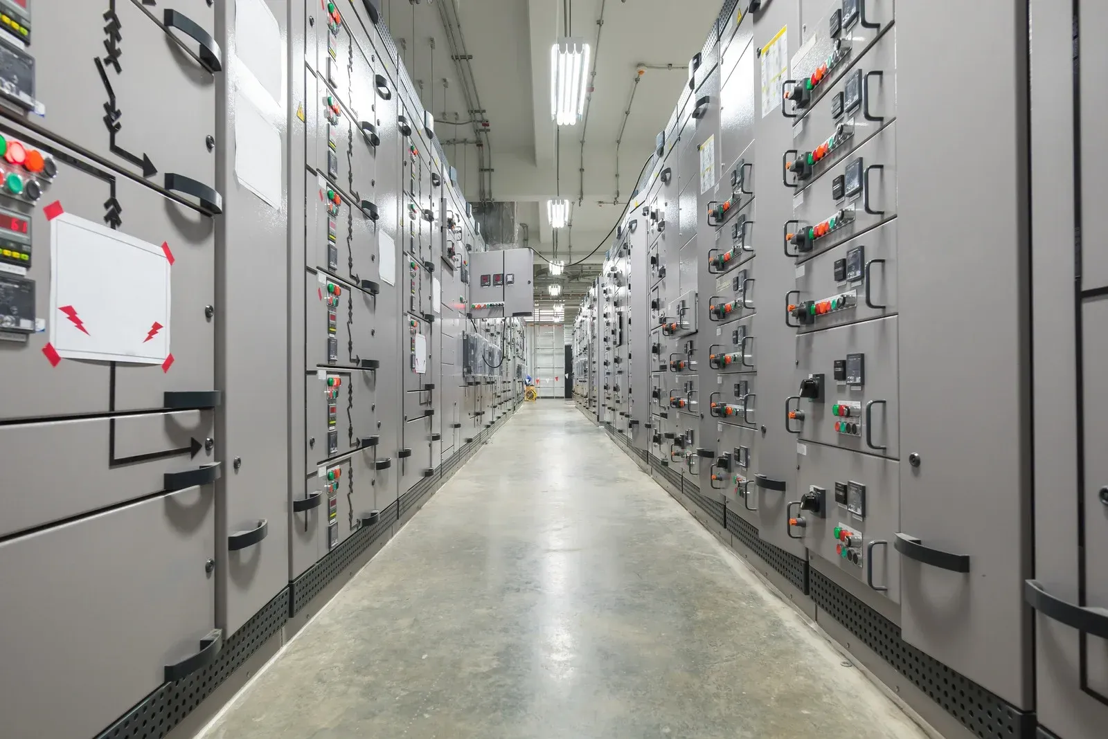 A bright industrial corridor lined with electrical control panels and equipment cabinets.