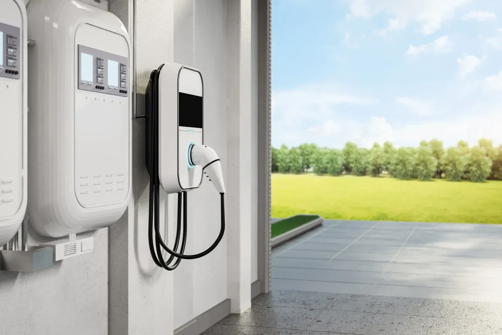 Wall-mounted EV charger on a building exterior beside a bright green field