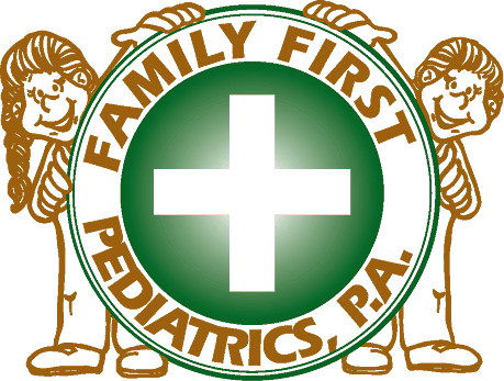 Family First Pediatrics logo: Two cartoon figures hold a green circle with a white cross, text around it.