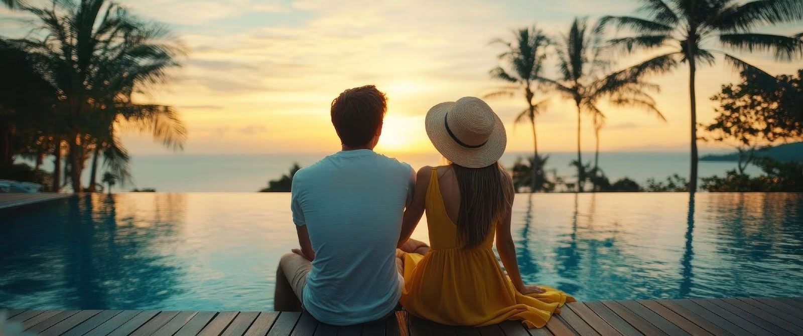 Two people sitting on a deck by an infinity pool at sunset, facing palm trees and the ocean. Two people sitting on a deck by an infinity pool at sunset, facing palm trees and the ocean.