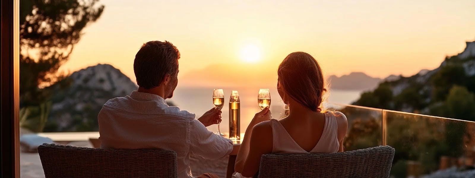 Couple toasting drinks at sunset on a balcony overlooking the sea Couple toasting drinks at sunset on a balcony overlooking the sea