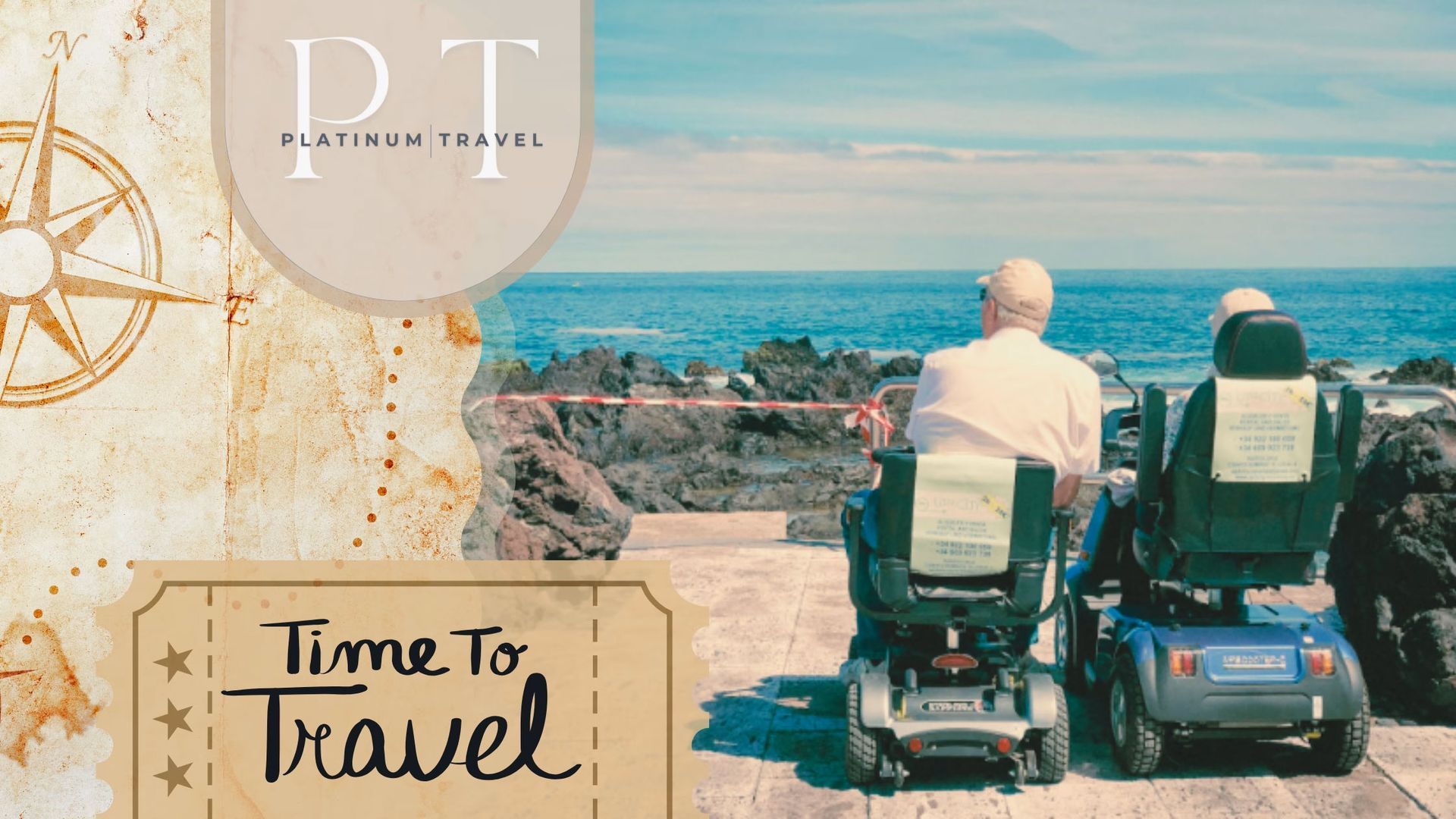 Two people in wheelchairs face a turquoise ocean, with a “Time to Travel” sign and nautical decor.