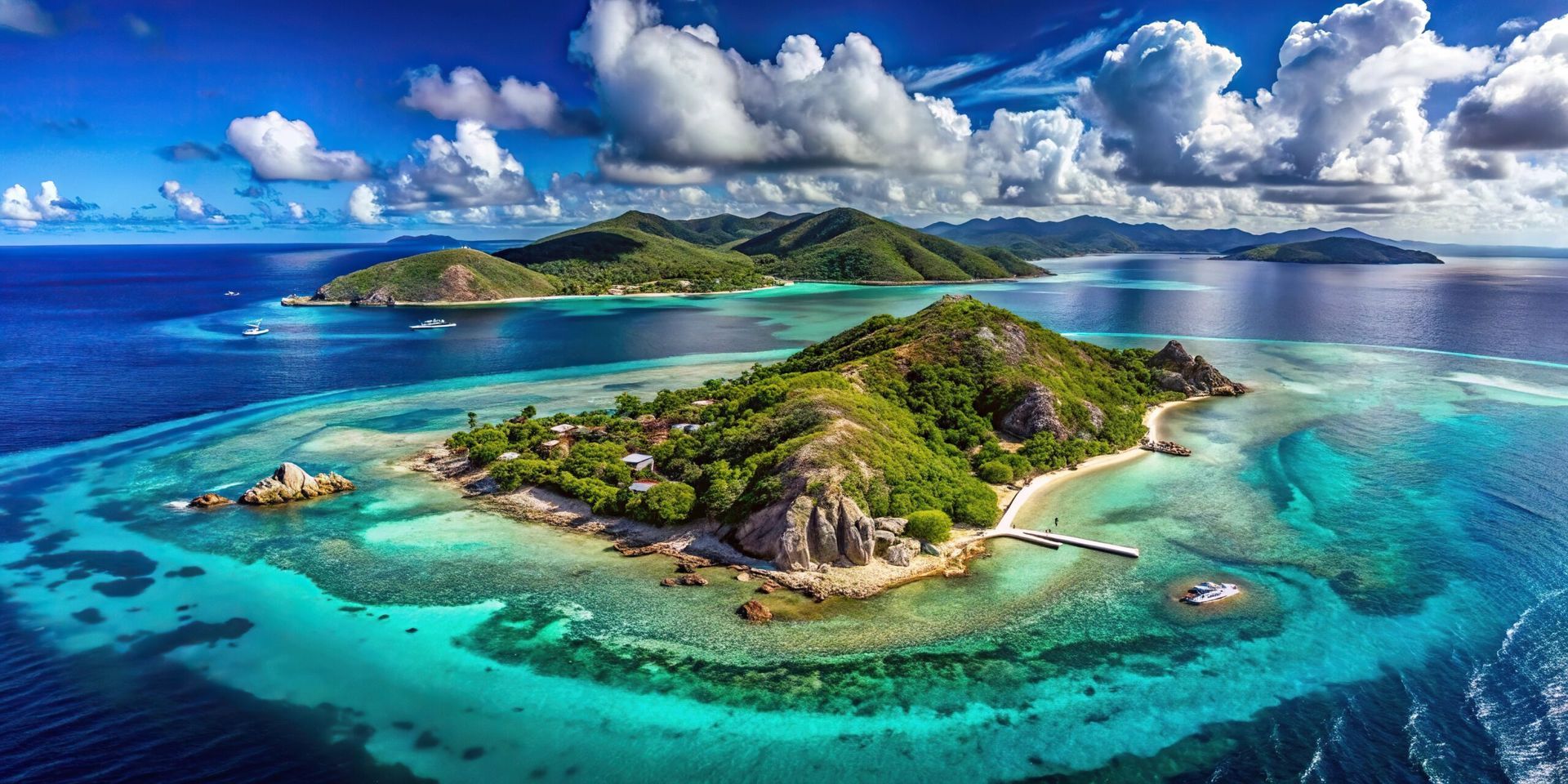 Tropical island surrounded by turquoise lagoon and coral reefs under a dramatic cloudy sky