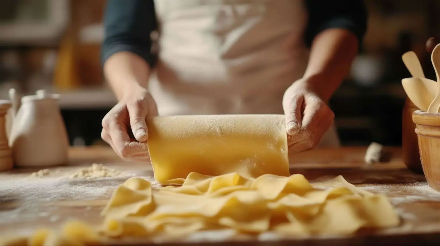 Hands rolling fresh pasta dough on a flour-dusted table with a pasta cutter in front Hands rolling fresh pasta dough on a flour-dusted table with a pasta cutter in front