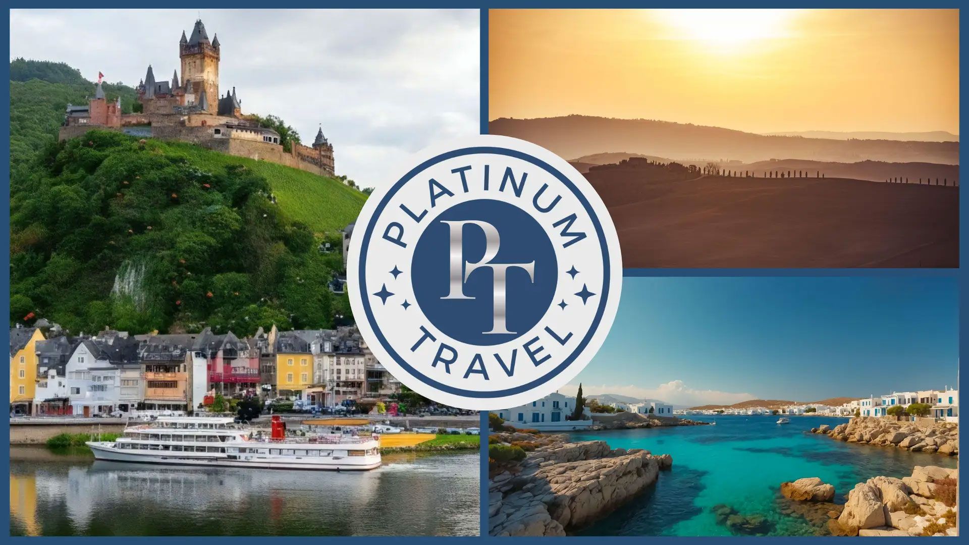 Platinum Travel collage of scenic coastlines, hilltop castle, harbor, and sunset views