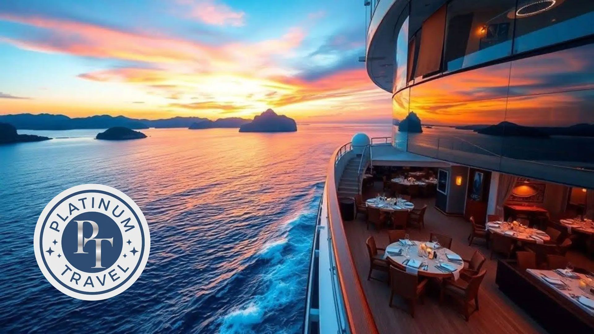 Luxury cruise ship deck at sunset over calm ocean, with warm-lit dining tables and colorful sky.