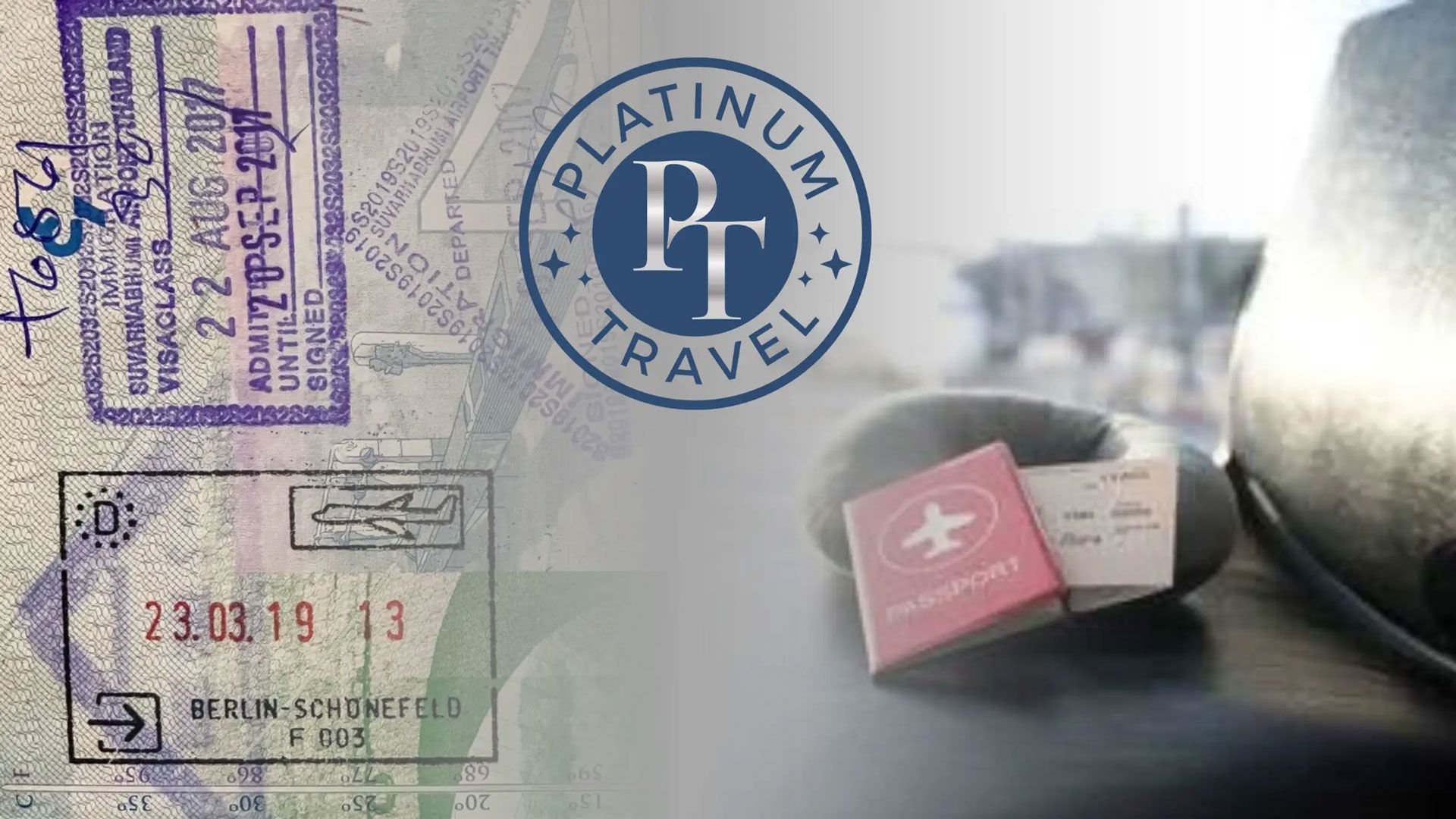 Passport stamps and a Platinum Travel logo beside a small red travel item on a table