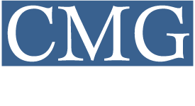 White &ldquo;CMG&rdquo; letters on a blue rectangular logo with a white border