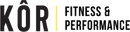 Logo for Kôr Fitness & Performance. Black text with yellow vertical line.