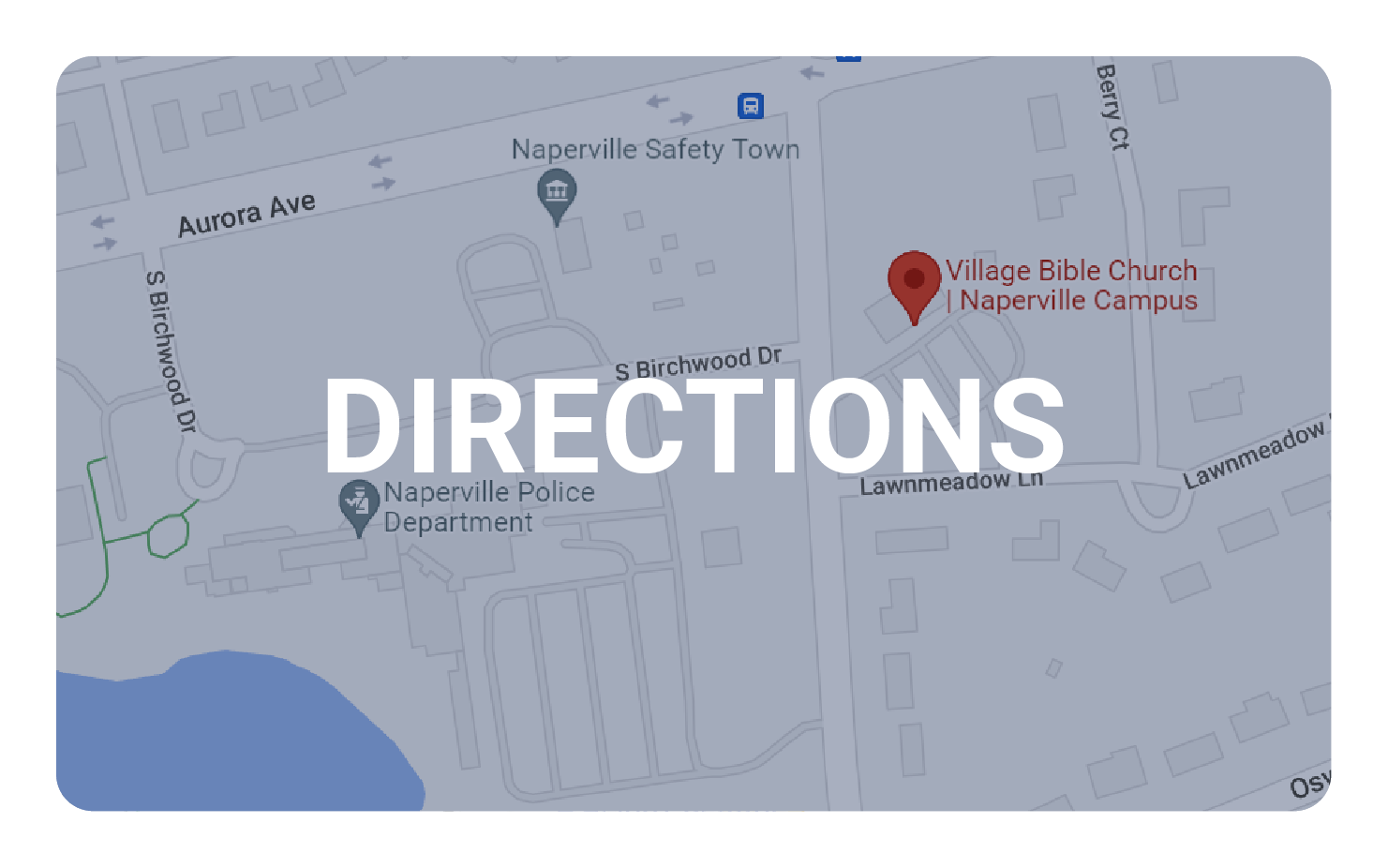 Map with a red pin at Village Oaks Church, Naperville Campus. 