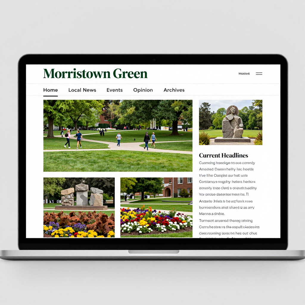 Laptop displaying the Morristown Green website with park photos and article layout