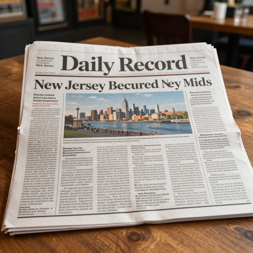 Daily Record newspaper with headline “New Jersey Secured Ny Mids” on a wooden table