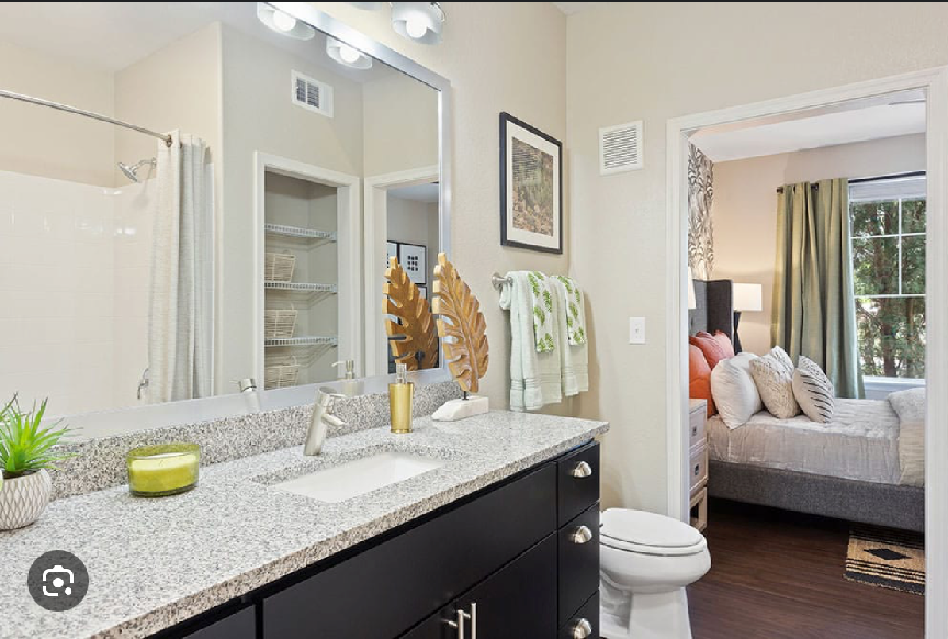 A bathroom with a sink , toilet , and mirror.