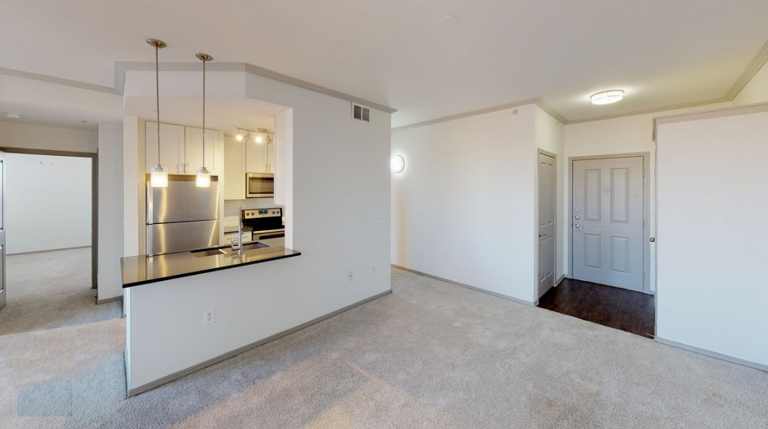 A living room with a kitchen in the background and a carpeted floor.