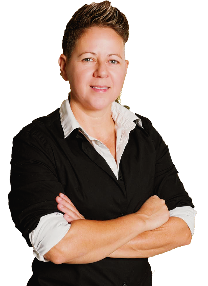 A woman in a black shirt and white shirt with her arms crossed