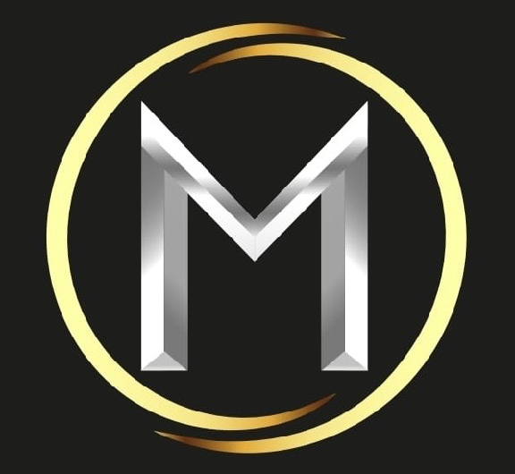 A silver letter m in a gold circle on a black background