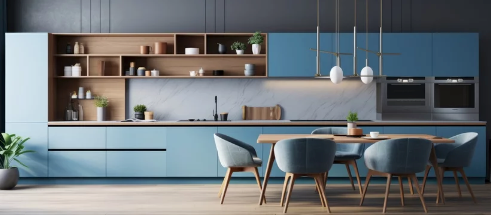 A kitchen with blue cabinets , a table and chairs.