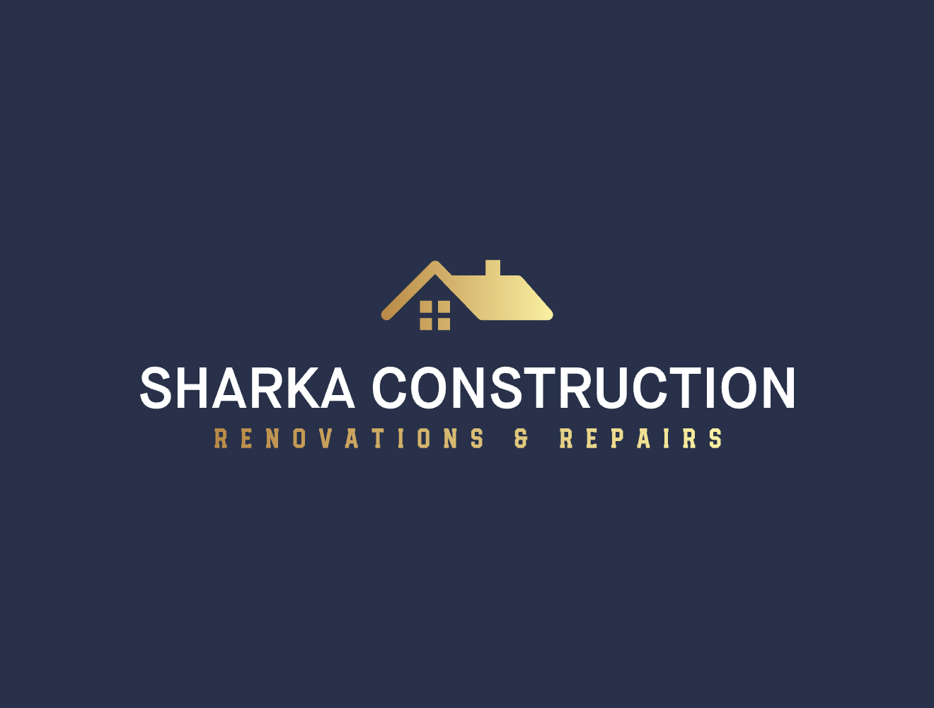 Logo for Sharka Construction featuring a house outline formed by a hammer, a nail, and a wrench in navy blue and green.