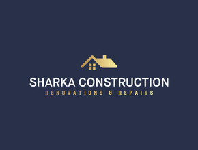 Logo for Sharka Construction featuring a house outline formed by a hammer, a nail, and a wrench in navy blue and green.