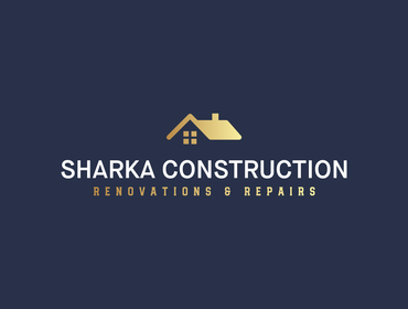 Logo for Sharka Construction featuring a house outline formed by a hammer, a nail, and a wrench in navy blue and green.
