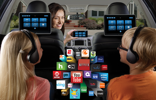 A car with a monitor hanging from the ceiling