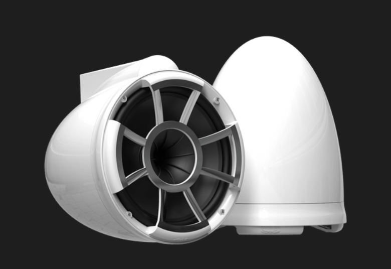 Two white marine tower speakers with a sleek, bullet-shaped design, positioned against a dark background.