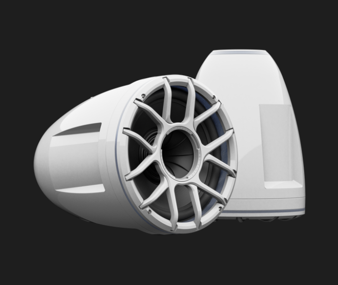 Two white marine tower speakers with a star-shaped grille design positioned against a plain dark background.