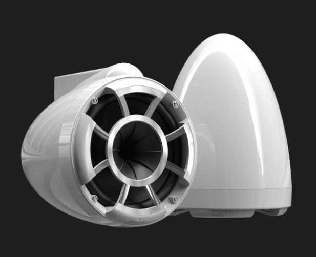 Two white, pod-style marine speakers with chrome grilles against a black background.