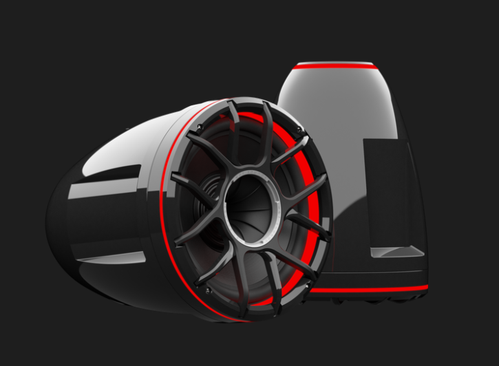 Two modern marine tower speakers in black and white with red accents, arranged against a dark background.