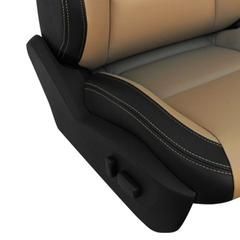 A close up of a car seat on a white background.