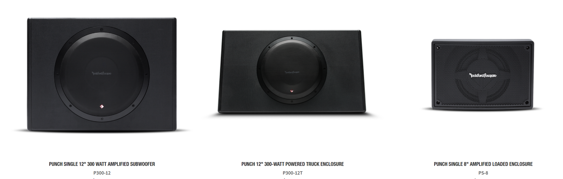 Three black Rockford Fosgate powered subwoofers displayed in a row against a white background.