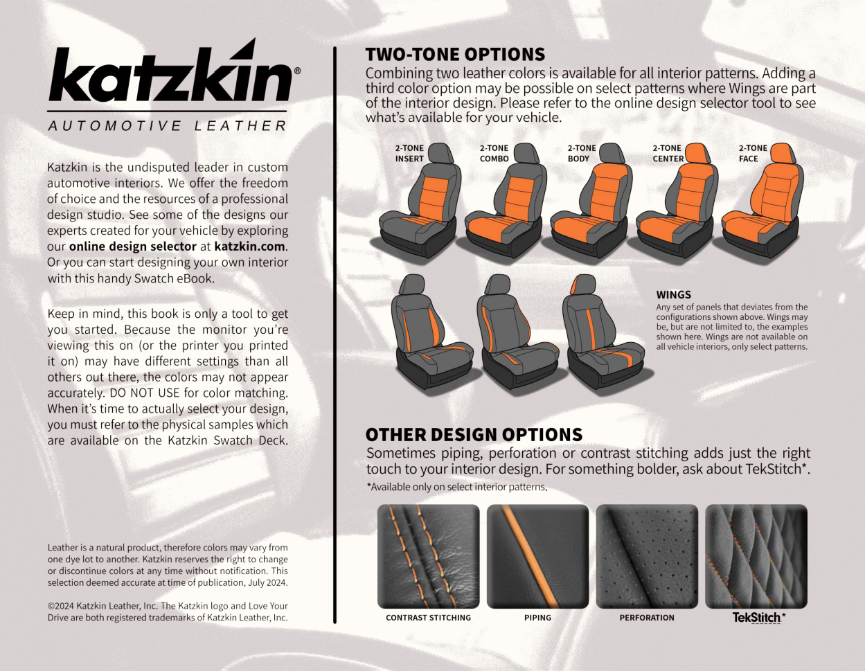 Katzkin upholstery guide showing two-tone seat color options, contrast stitching, piping, perforation, and quilting.